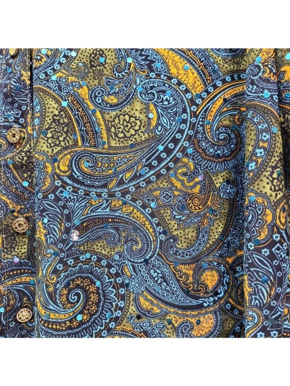 Cathy Womens XL Paisley Tunic Top Blue Teal Gold Boho Roll Tab Sleeve Blouse - Picture 3 of 8